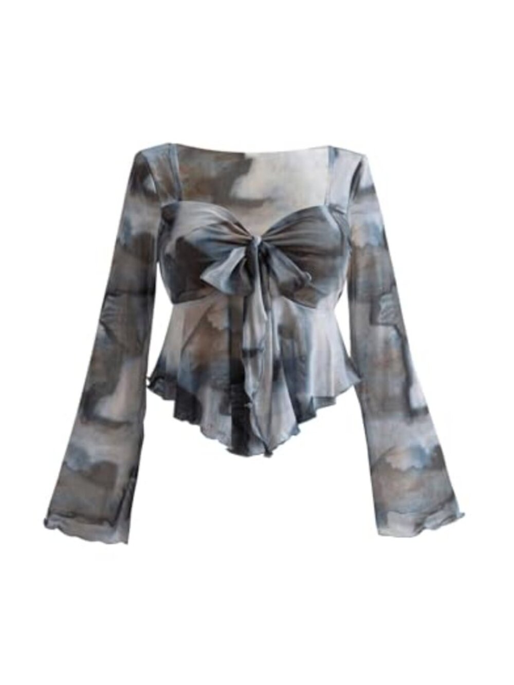Plus Size Peplum Top Knot Front Ruched Mesh Ruffle Long Sleeve Blouse